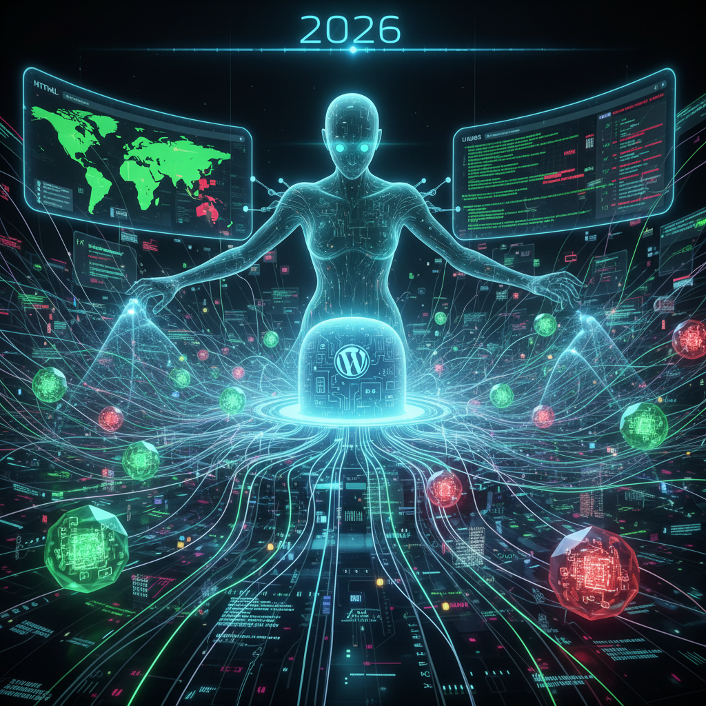 A visually striking graphic representing code blocks and design elements seamlessly integrating to showcase WordPress CSS-in-JS plugins orchestrating dynamic HTML/CSS for next-gen UI development in 2026.