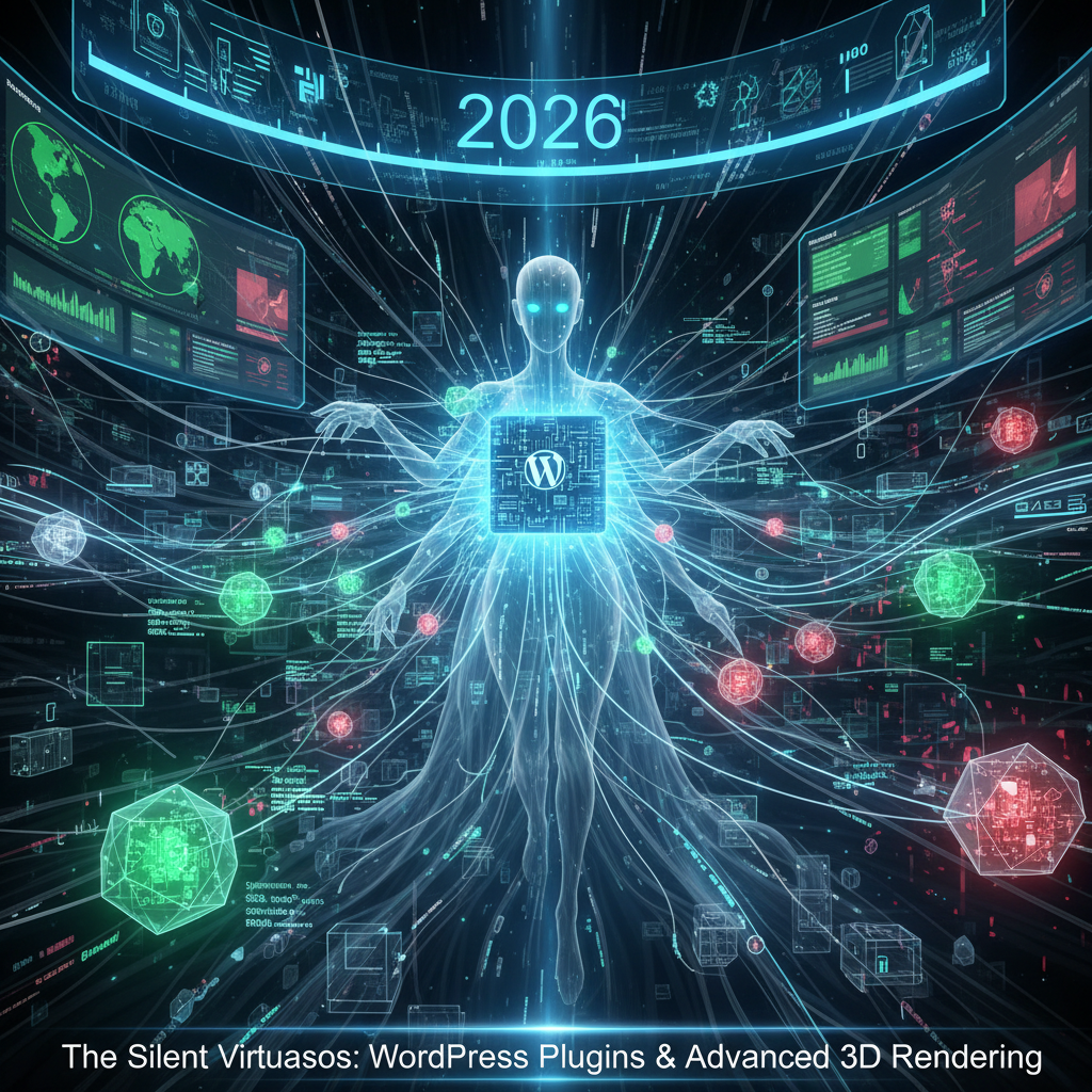 A sophisticated 3D rendered scene showcasing a dynamic, interactive WebGL environment, powered by a seamless WordPress integration in 2026. This image represents the advanced capabilities of WordPress 3D rendering plugins.