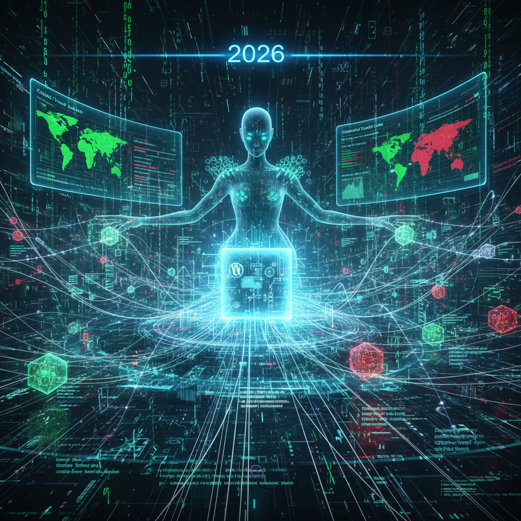 Illustration of WordPress plugins transforming trust architectures and verifiable credentials in 2026, showing interconnected digital blocks and security symbols, highlighting secure data exchange and decentralized identity management.