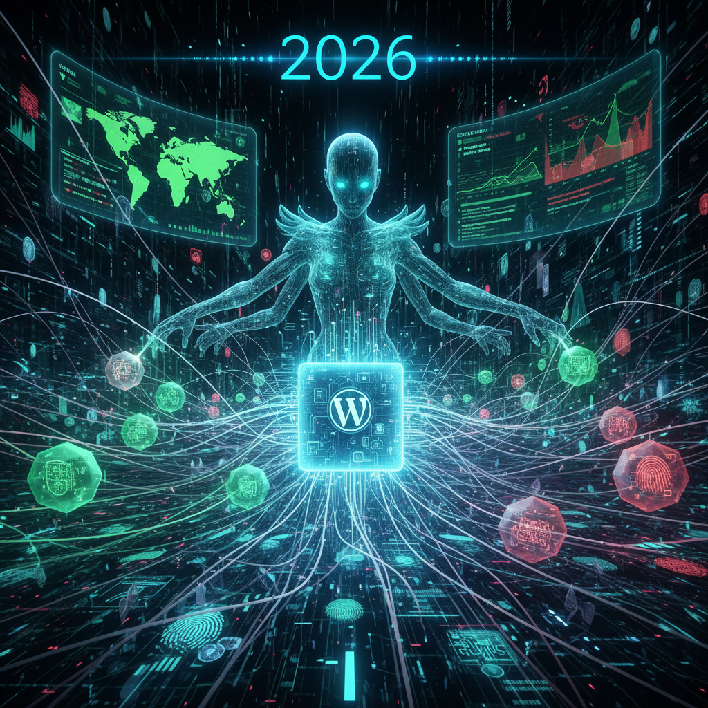 A close-up of a smartphone screen displaying a fingerprint scan, with the WordPress logo subtly integrated in the background, illustrating WordPress biometric authentication in 2026.