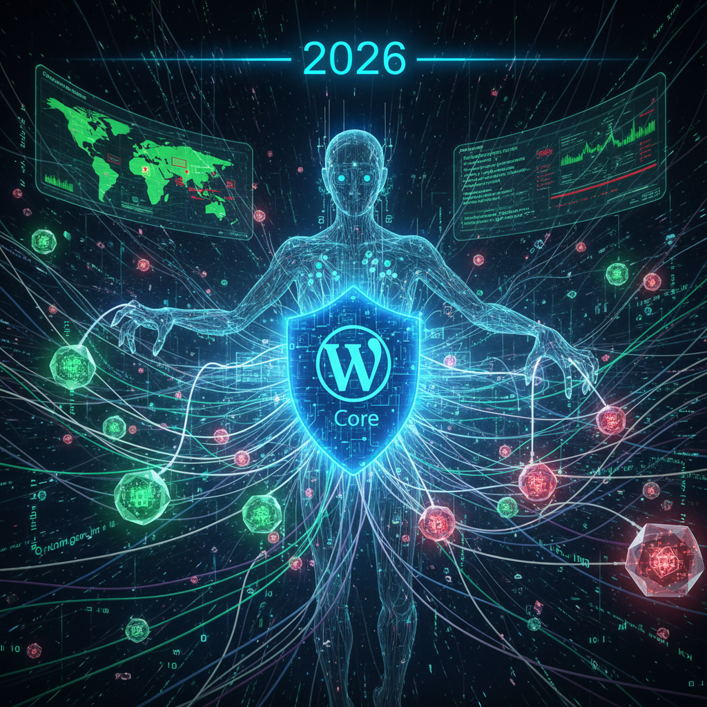 A futuristic depiction of WordPress plugins as 'silent sentinels' actively implementing and modulating quantum-resistant cryptography, safeguarding website data in 2026. The image visually represents the complex interplay of advanced cybersecurity measures and the digital interface of a WordPress site.