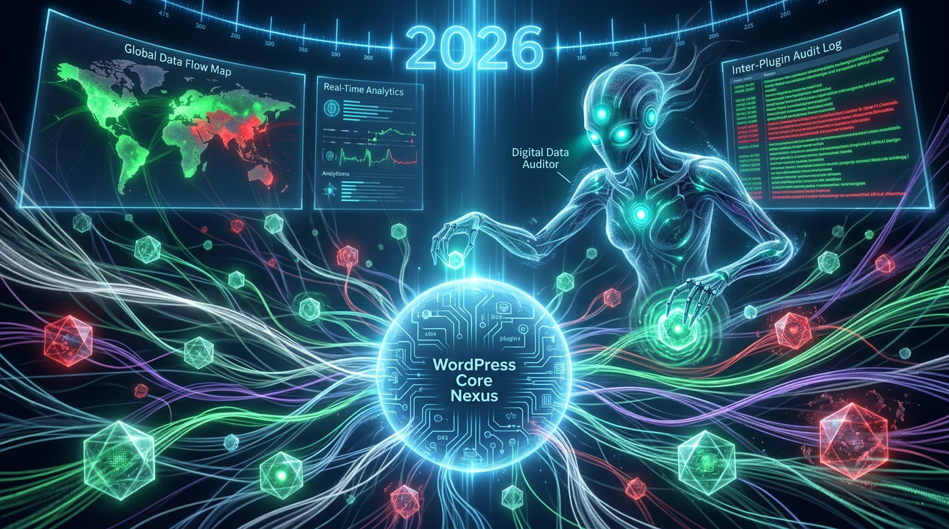 Abstract visualization of hidden WordPress inter-plugin communication, highlighting covert data exchange and security blindsides during a 2026 audit.