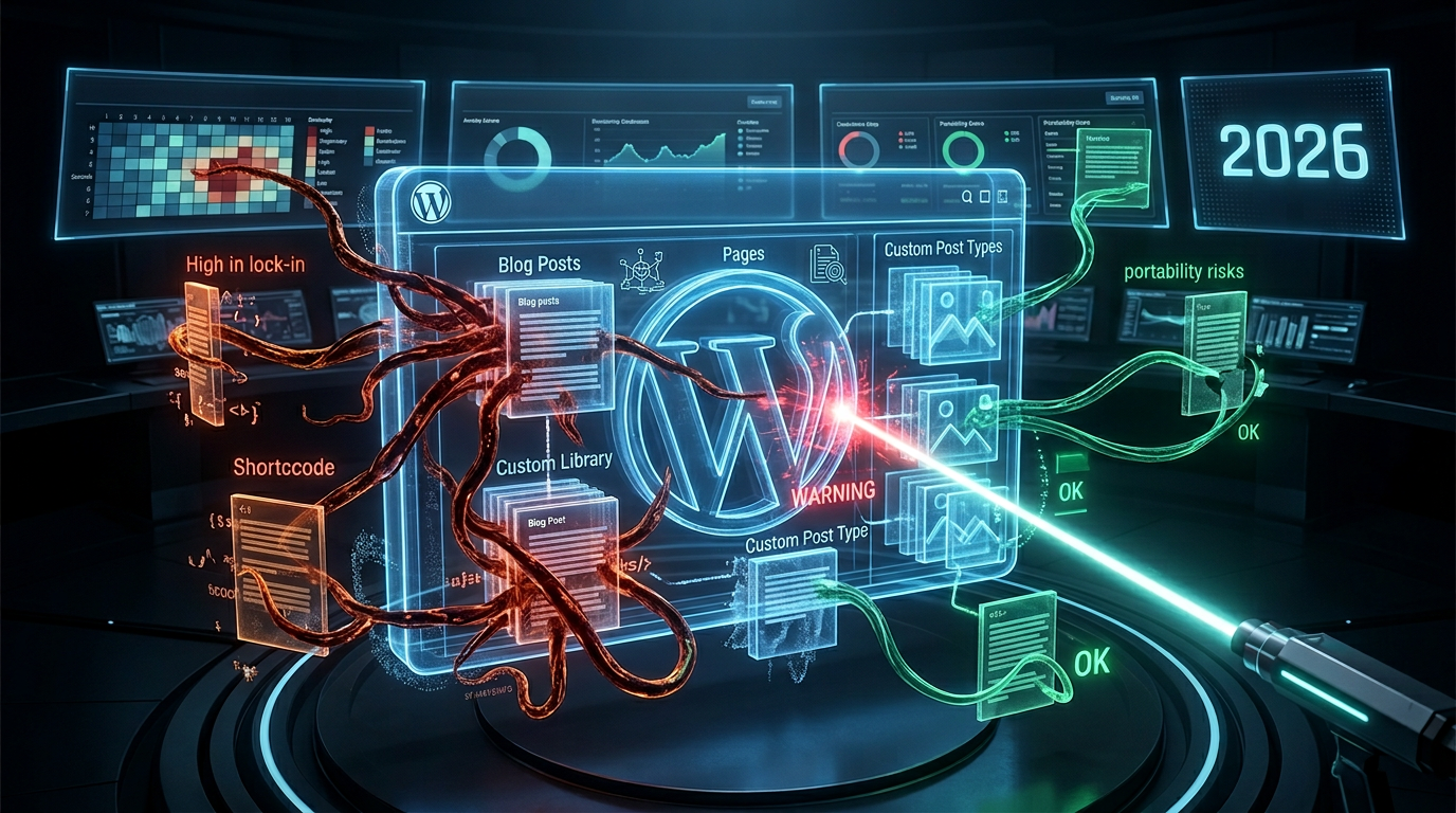 Image illustrating the crucial process of auditing WordPress plugins in 2026 to prevent content lock-in, ensuring data portability and freedom.