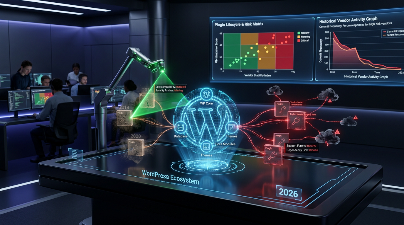 Auditing WordPress plugins in 2026 to prevent digital obsolescence and mitigate vendor stability risks, ensuring long-term website health.