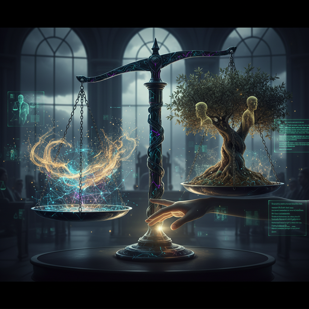 2026 Türkiye'sinde yapay zeka hukukunun ahlaki ve yasal boyutlarını, etik çıkmazları ve çözüm önerilerini gösteren modern grafik. Yapay zeka hukuku, etik ve teknoloji simgeleri.