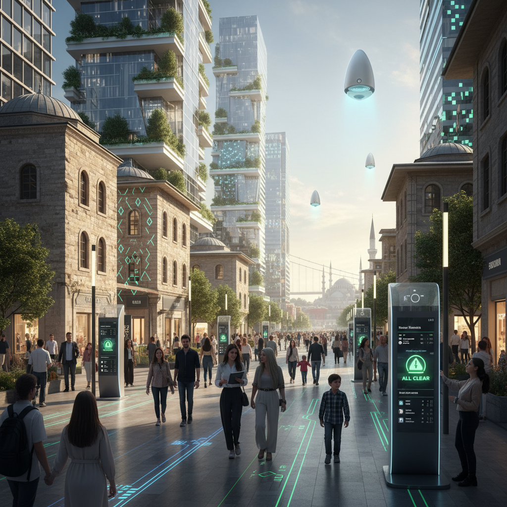 2026 Türkiye'sinde yapay zeka kent güvenliği çözümleri, akıllı kameralar ve sensörlerle donatılmış modern bir şehrin havadan görünümü. Gelişmiş analiz sistemleri suç oranlarını azaltırken, vatandaşlara daha güvenli bir yaşam sunuyor. Yapay zeka destekli güvenlik, geleceğin şehirlerini şekillendiriyor.