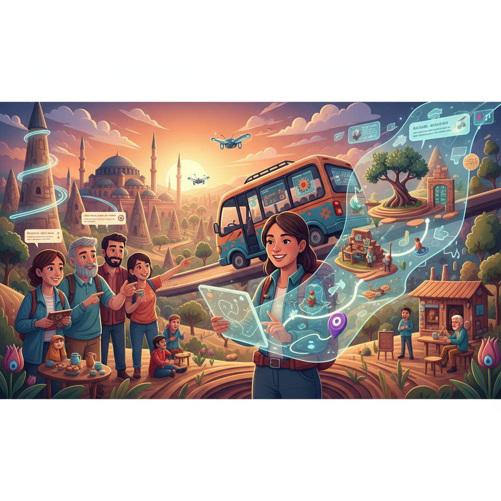 2026 Türkiye'sinde yapay zeka ile kişiselleştirilmiş turizm deneyimlerini gösteren, tarihi ve doğal güzellikleri ruhu olan rotalarla keşfeden bir görsel. Yapay zeka destekli turizm, bireysel tercihlere göre tatil planları sunuyor.