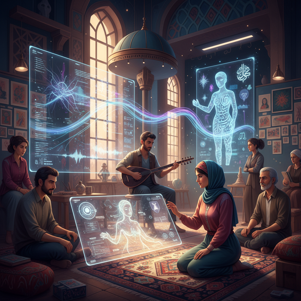 2026 Türkiye'sinde yapay zeka yaratıcı endüstrilerde algoritmaların ilham perisi olduğu ve insan kokulu sanatın geleceğini gösteren dijital bir tablo.