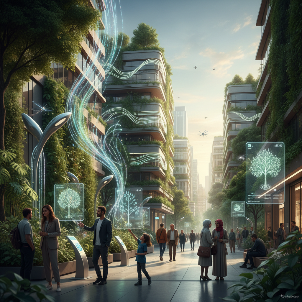 2026 Türkiye'sinde yapay zeka bitki biyobelirteçleri ile akıllı kent yaşamı, karbon ayak izi azaltma ve insan merkezli çözümlerin buluştuğu yeşil ve teknolojik şehir detayları.