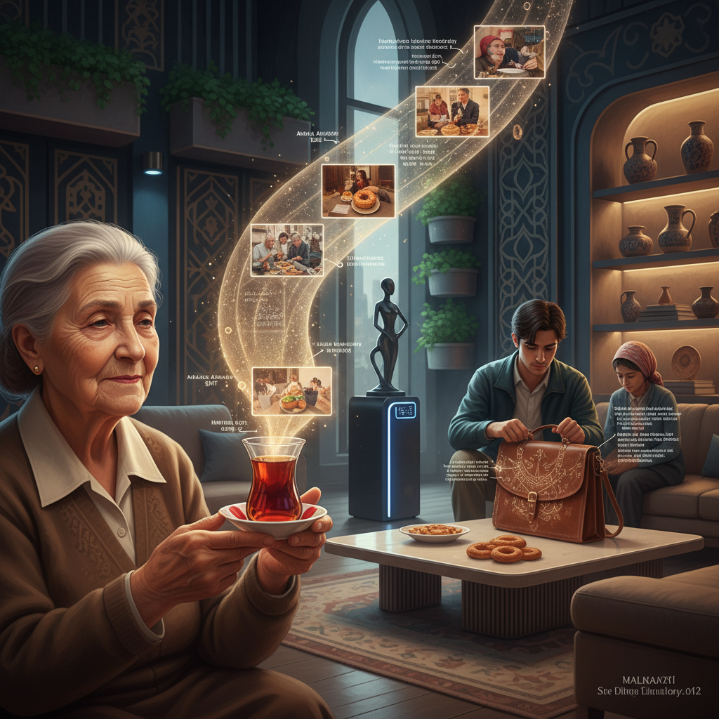 2026 Türkiye'sinde yapay zeka nesne özgeçmişi konulu bir illüstrasyon, dijital kimlikler ve insan kokulu anıların sembolize edildiği, gelecek teknolojilerini yansıtan bir görsel. Yapay zeka, nesnelerin geçmişini analiz ederek benzersiz özelliklerini öne çıkarıyor.