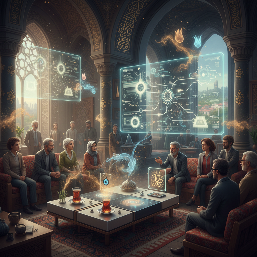 2026 Türkiye'sinde yapay zeka destekli nesnelerin empati kurma yeteneği üzerine görsel: Bir insan figürü, akıllı bir cihazla etkileşim kurarken, cihazdan mor ışık yansıyor. 'Sanal Arkadaşımız' Gerçekten Anlıyor mu? başlığı altında, modern yapay zeka empati ve sosyal etkileşimleri sorguluyor.