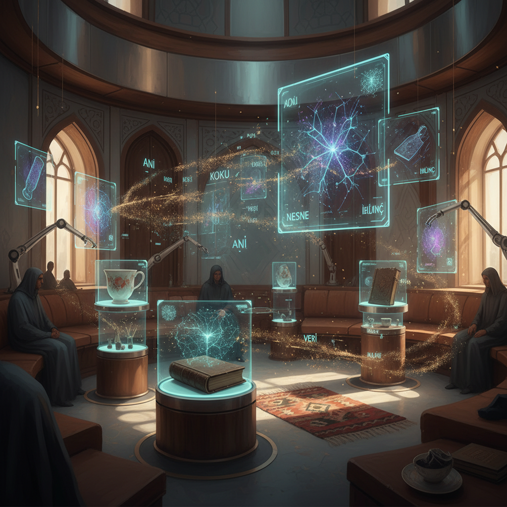 2026 Türkiye'sinde yapay zeka destekli bilişsel bellek, eşyaların insan kokusunu algılamasını gösteren fütüristik bir görsel. Odak noktası: yapay zeka bilişsel bellek.