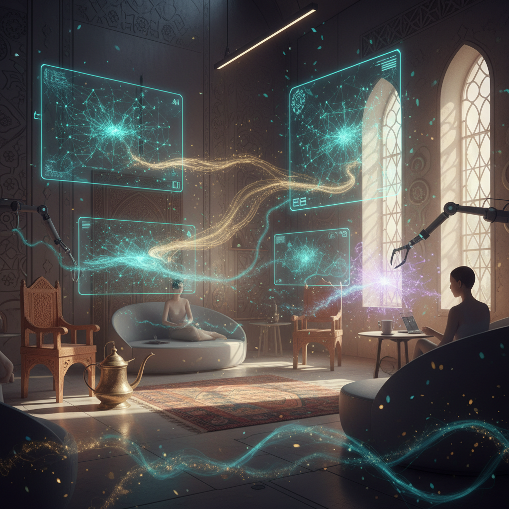 2026 Türkiye'sinde yapay zeka nesne anlatısı ile kişisel eşyaların, ev aletlerinin ve akıllı cihazların insan hissiyatını anlatan sezgisel iletişimini gösteren fütüristik bir görsel. Yapay zeka destekli objelerin deneyimlerini ve hatıralarını insanlara aktardığı, 'insan kokulu' anlamlar taşıyan bir gelecek sahnesi.