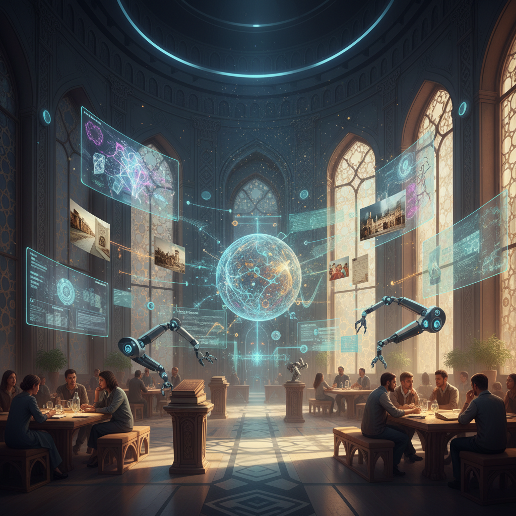 2026 Türkiye'sinde yapay zeka destekli toplumsal hafıza onarımı, dijital geçmişten öğrenen geleceği anlatan görsel. Robotik kolların tarihi belgeleri düzenlediği, arkasında Türk toplumunu temsil eden mozaik bir insan siluetinin belirdiği futuristik bir sahne. Anahtar kelime: yapay zeka toplumsal hafıza.