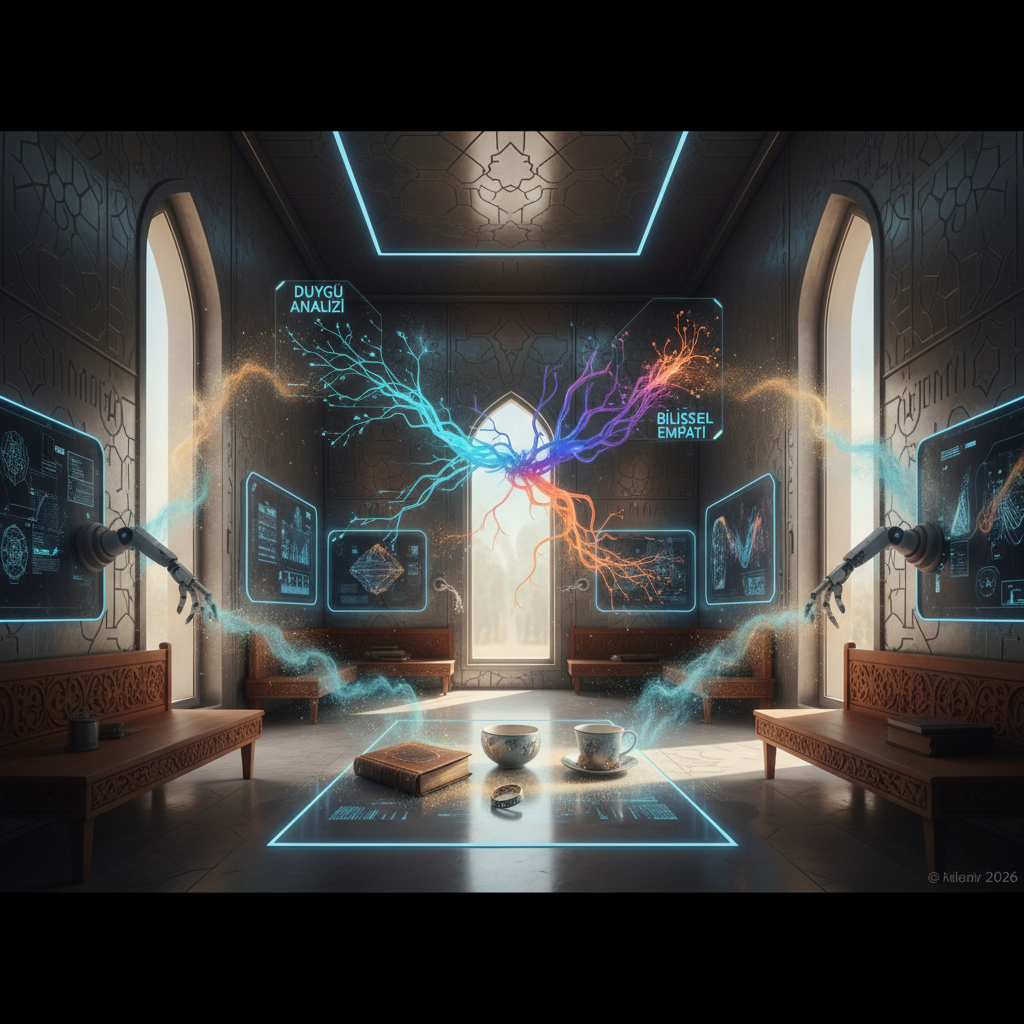 2026 Türkiye'sinde yapay zeka ve bilişsel empati teknolojisiyle donatılmış cihazlar, insan duygularını 'koklayarak' akıllı evlerde ve kentlerde yeni bir etkileşim geleceği yaratıyor. Resimde, bir akıllı ev robotu neşeli bir çocuğu anlıyor gibi duruyor.