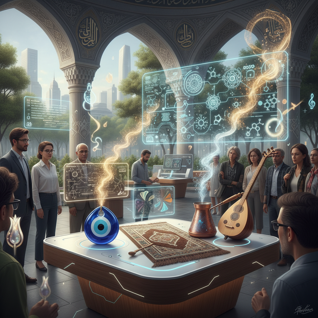 2026 Türkiye'sinde yapay zeka biyo-akustik simülasyonu ile kentsel doğal sesleri ve 'insan kokusunu' dijital sanatla birleştiren yenilikçi bir görsel. Ses dalgaları, sinir ağları ve sanatsal yorumların birleşimi.