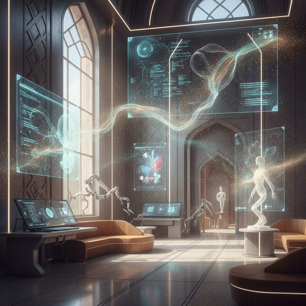 2026 Türkiye'sinde yapay zeka yaratım teorisi üzerine bir araştırma makalesinin başlığı ve görseli, insan dokunuşu ve özgünlüğü vurgulayan soyut sanat eserleriyle çevrili, fütüristik bir konsepti betimliyor.