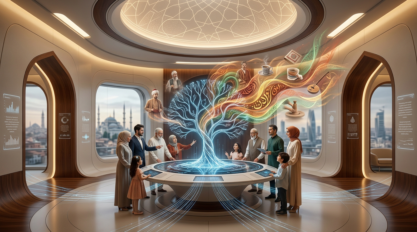 Türkiye'de 2026'da yapay zeka genetik soy ağacı teknolojisiyle dijital olarak insan kökenlerini ve aile bağlarını anlatan bir görüntü.