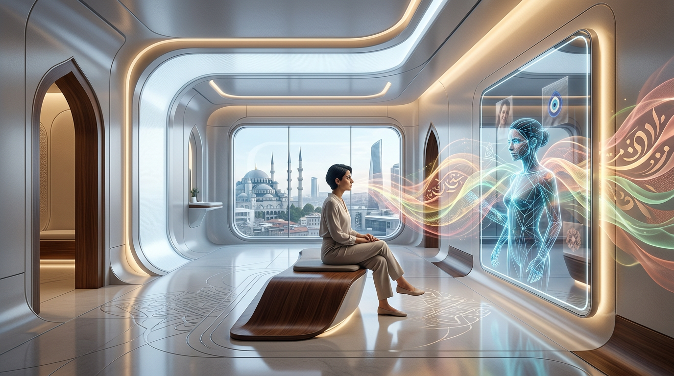 2026 Türkiye'sinde yapay zeka güzellik algısı, algoritmaların 'insan kokusu'nu dijital olarak analiz edişini gösteren bir imge.