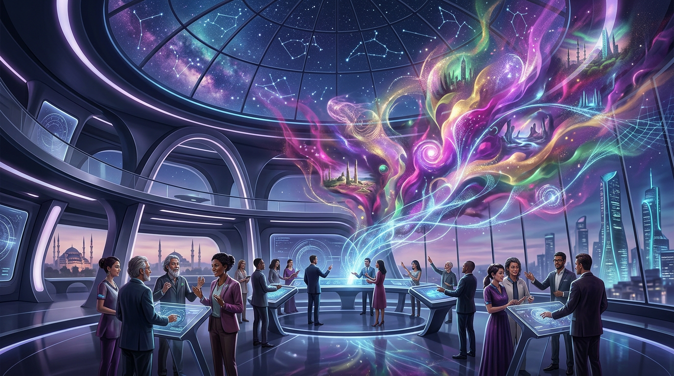 2026 Türkiye'sinde yapay zeka ve hayal gücünün sınırlarını zorlayan, algoritmaların bilinmeyene rehberlik ettiği fütüristik bir gelecek.