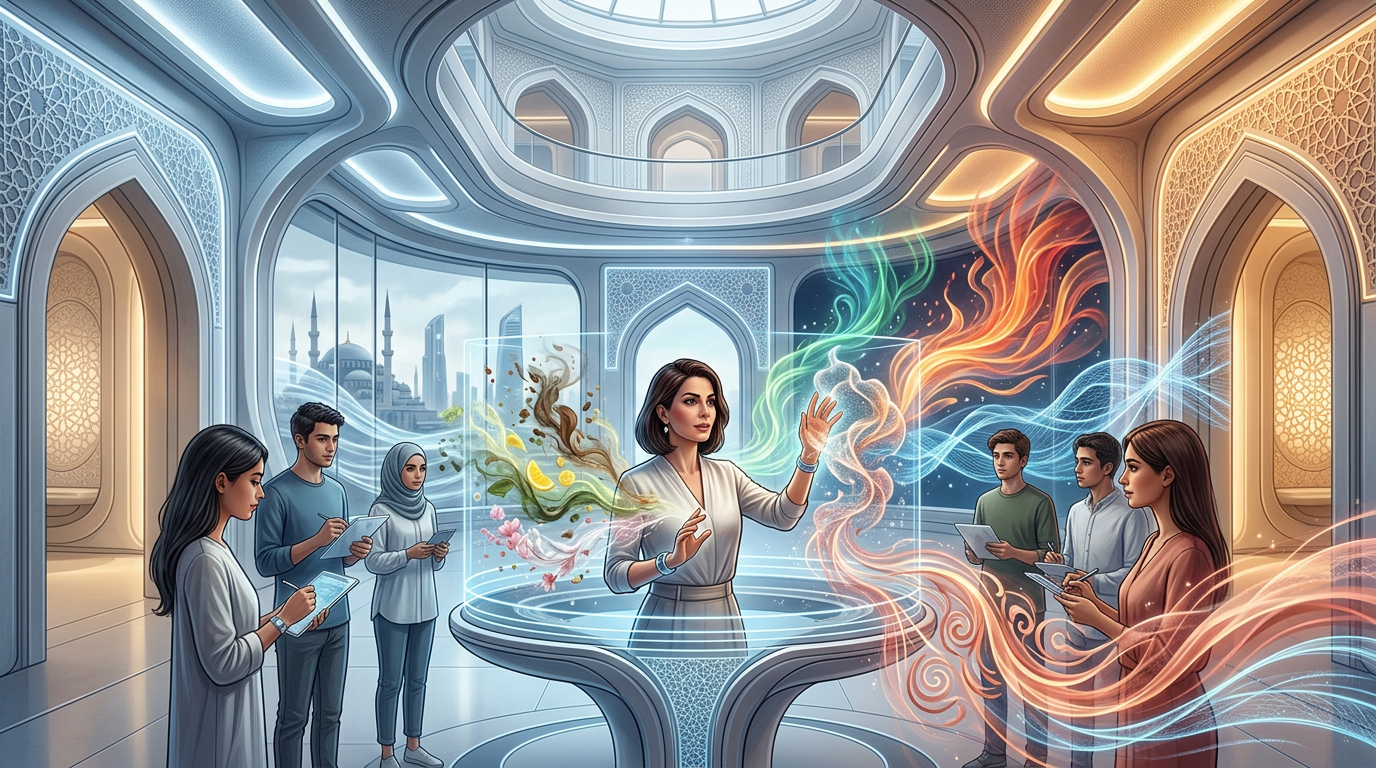 2026 Türkiye'sinde yapay zeka koku sanatı ile dijital algoritmalarla duygusal izler yaratan fütüristik bir teknoloji enstalasyonu.