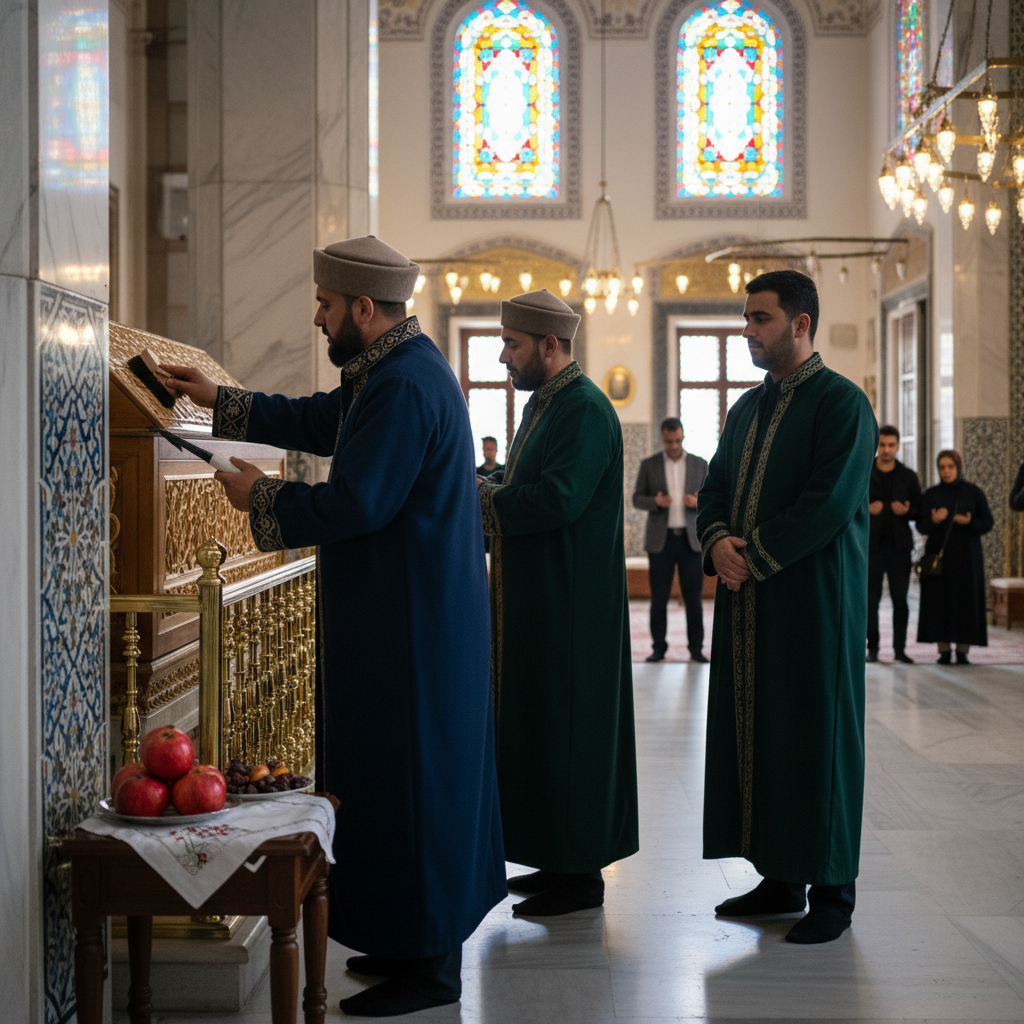 2026 yılında Eyüp Sultan Camii'nin tarihi atmosferinde, adak geleneklerini sürdüren, saygın Eyüp Sultan Camii türbedarları ve ebedi bekçiler. Türbedarlar, cami ve türbenin manevi mirasını titizlikle koruyor.