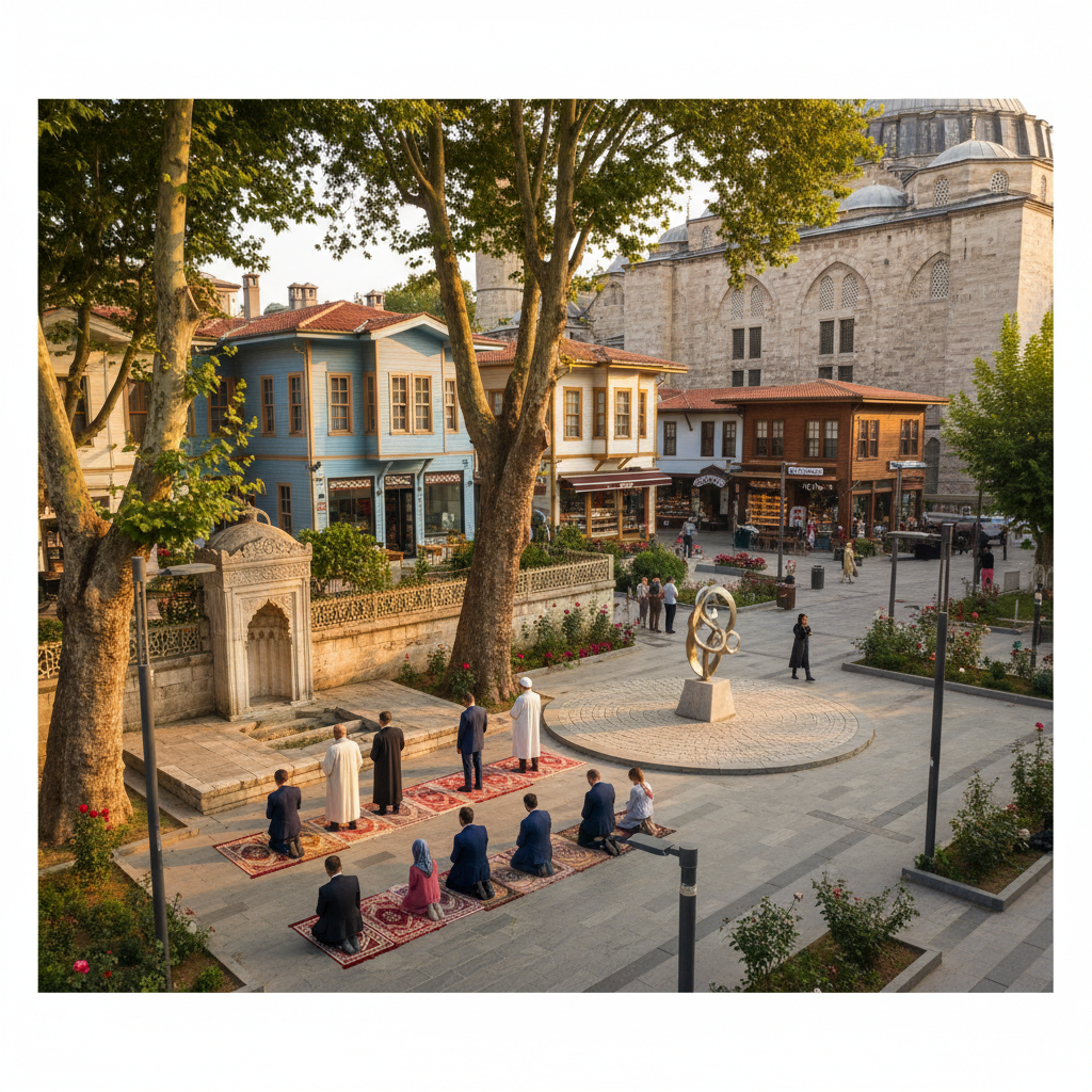 2026 yılında Eyüp Sultan Camii'nin imarında rol oynayan, kubbe ve minaresi görünen caminin önünde toplanmış 'gönüllüler ordusu'nun tarihi kostümlü üyeleri, anahtar kelime: Eyüp Sultan Camii gönüllüler.