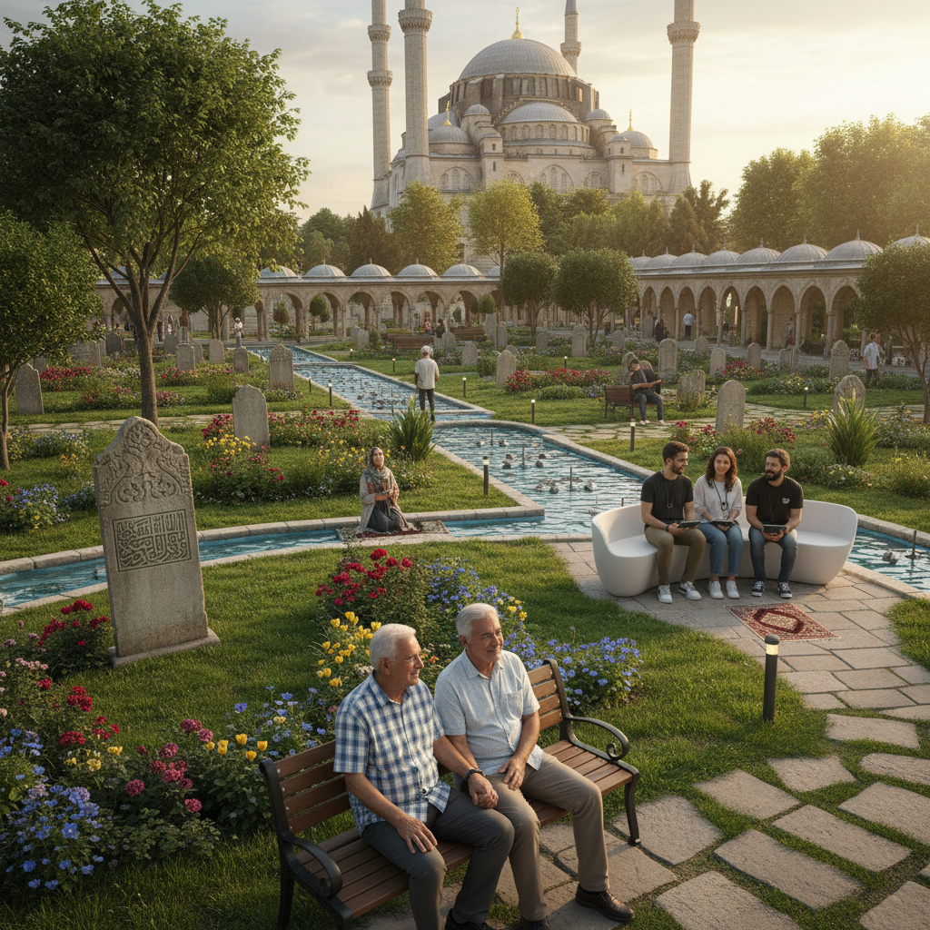 2026'da Eyüp Sultan Camii'nin Huzur Bahçeleri'nde, tarihî Eyüp Sultan mezarı ve cami içinde ruh dinginliği arayan ziyaretçiler. Mezarlık alanında sohbet eden ve manevi tecrübeler paylaşan insanlar.