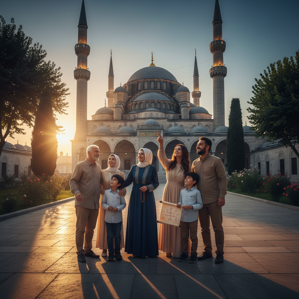 2026'da Eyüp Sultan Camii'nin tarihi gölgeleri altında nesilden nesile aktarılan, samimi bir aile buluşmasını gösteren resim. Eyüp Sultan Camii aile hikayeleri temalı, sıcak ve anlamlı bir an.
