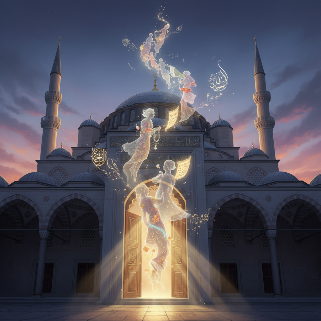 2026'da Eyüp Sultan Camii'nin kapılarından görünen, ibadet eden aşıklar ve dualar. Eyüp Sultan Camii aşk hikayeleri sembolü.