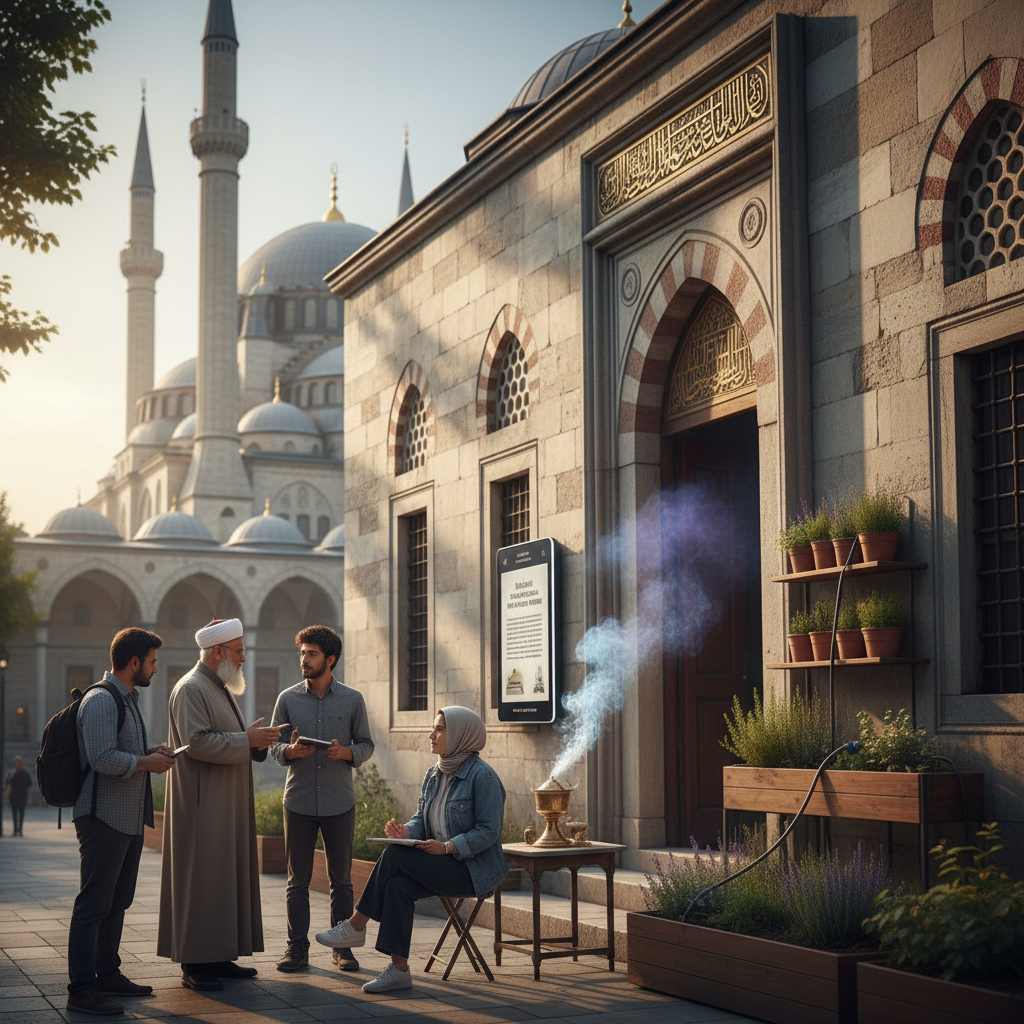 Historic aerial view of Eyüp Sultan Mosque in 2026, showcasing its perimeter alongside surrounding 16th-century Ottoman dervish lodges (tekkeler) and their enduring influence on Sufi mystical traditions in Istanbul, highlighting their cultural and architectural significance.