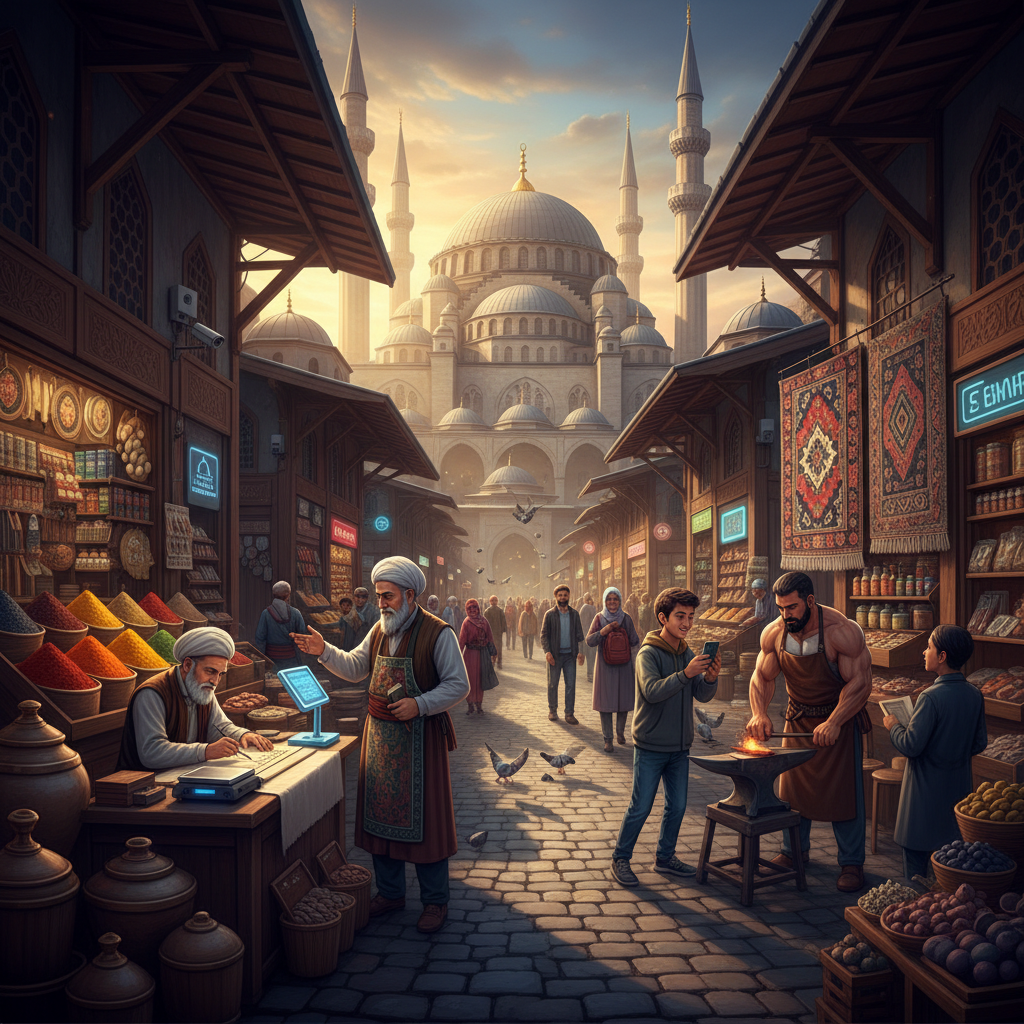 Historic Eyüp Sultan Mosque in Istanbul casting long shadows over a bustling market street, showcasing the 2026 artisan culture and spiritual heart of its bazaars. Cobblestone alleyways lined with traditional craft shops and vendors, reflecting the area's deep-rooted heritage.