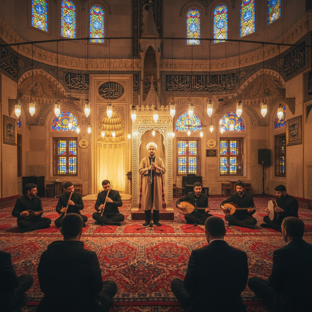 Ornate mimbar in Eyüp Sultan Mosque, 2026, with sun filtering through stained glass, highlighting the rich musical legacy and divine melodies of its history. Focus keyword: Eyüp Sultan Camii musiki.