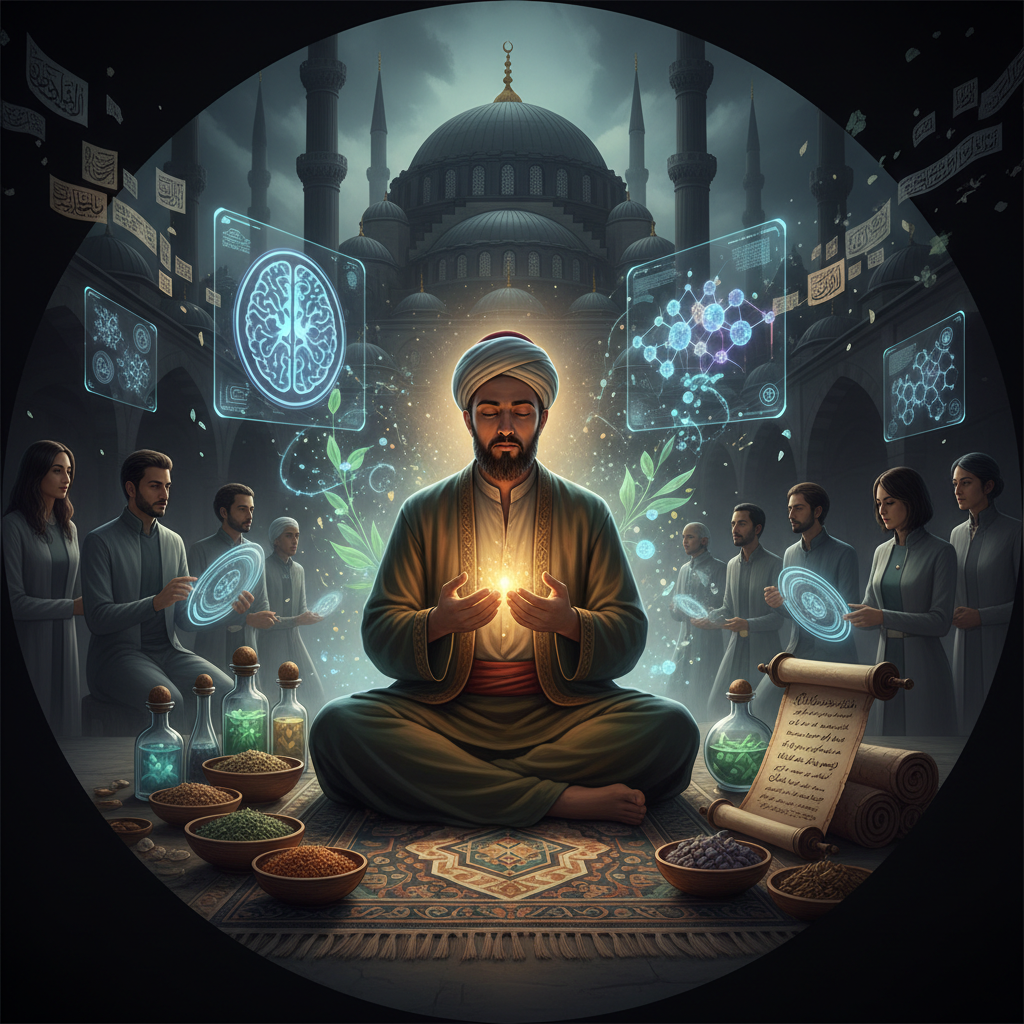 Historical illustration depicting traditional healers, medicinal practices, and spiritual therapies in the shadows of the Eyüp Sultan Mosque in 2026, focusing on healing and wellbeing.