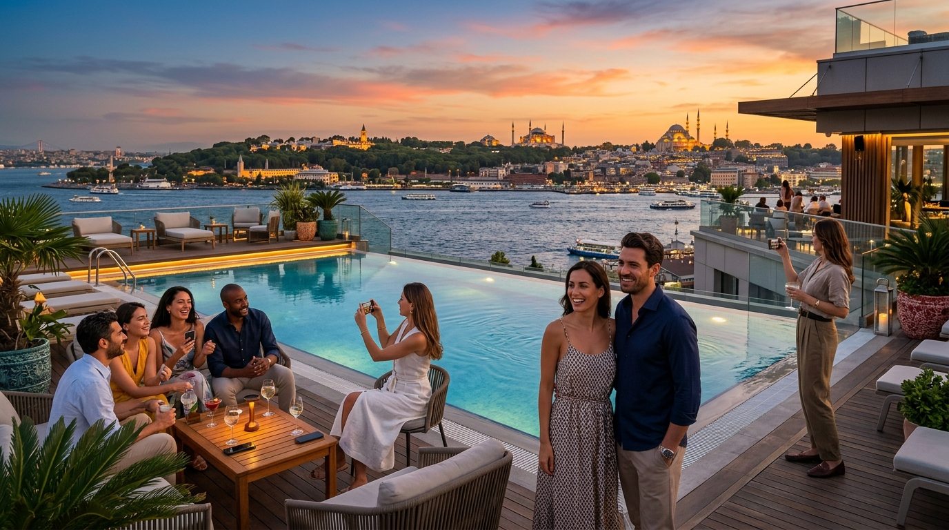 Beautiful Istanbul Instagrammable hotel rooftop pool with panoramic Bosphorus views at sunset, ideal for stunning 2026 travel photos.