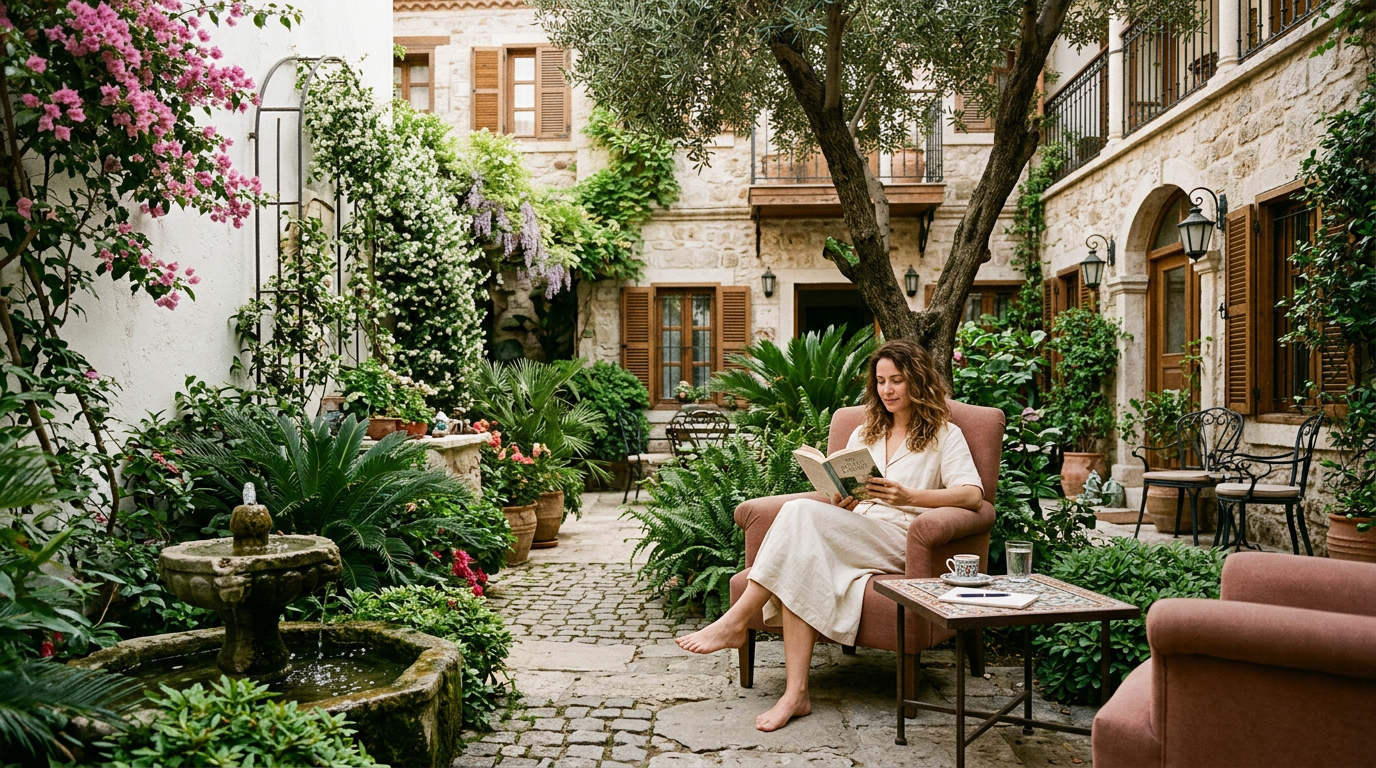 A tranquil Istanbul garden hotel courtyard, lush with green plants and comfortable seating, promising a peaceful 2026 retreat.