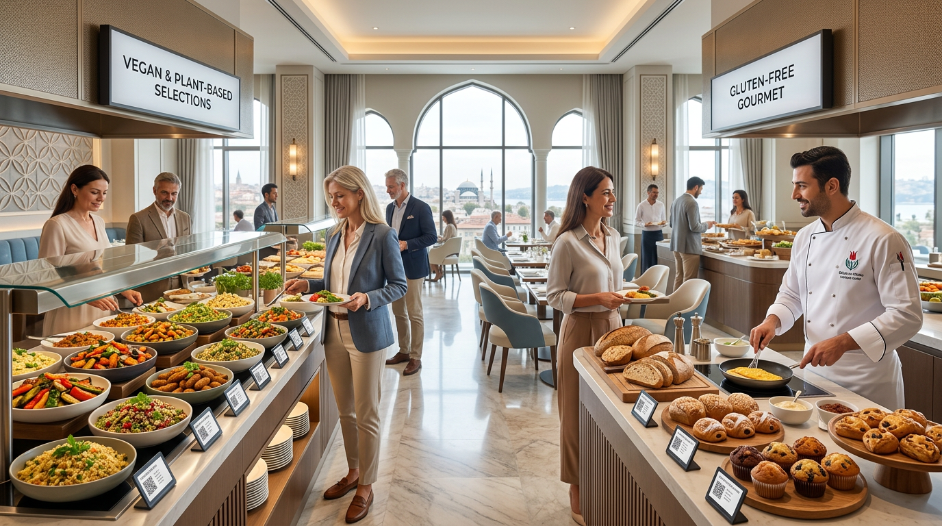 Istanbul hotel buffet in 2026, with clearly labeled gluten-free, vegan, and allergen-friendly dishes, addressing special dietary needs.