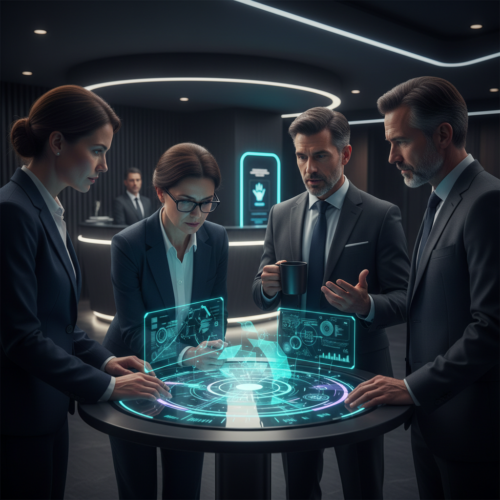 2026 otel güvenliği departman yöneticileri, lobi sohbetlerinde yeni nesil teknoloji ve prosedürleri tartışıyor; misafir ve personel güvenliğini artıran çözümler üretiyorlar, otel güvenliği trendlerini analiz ediyorlar.