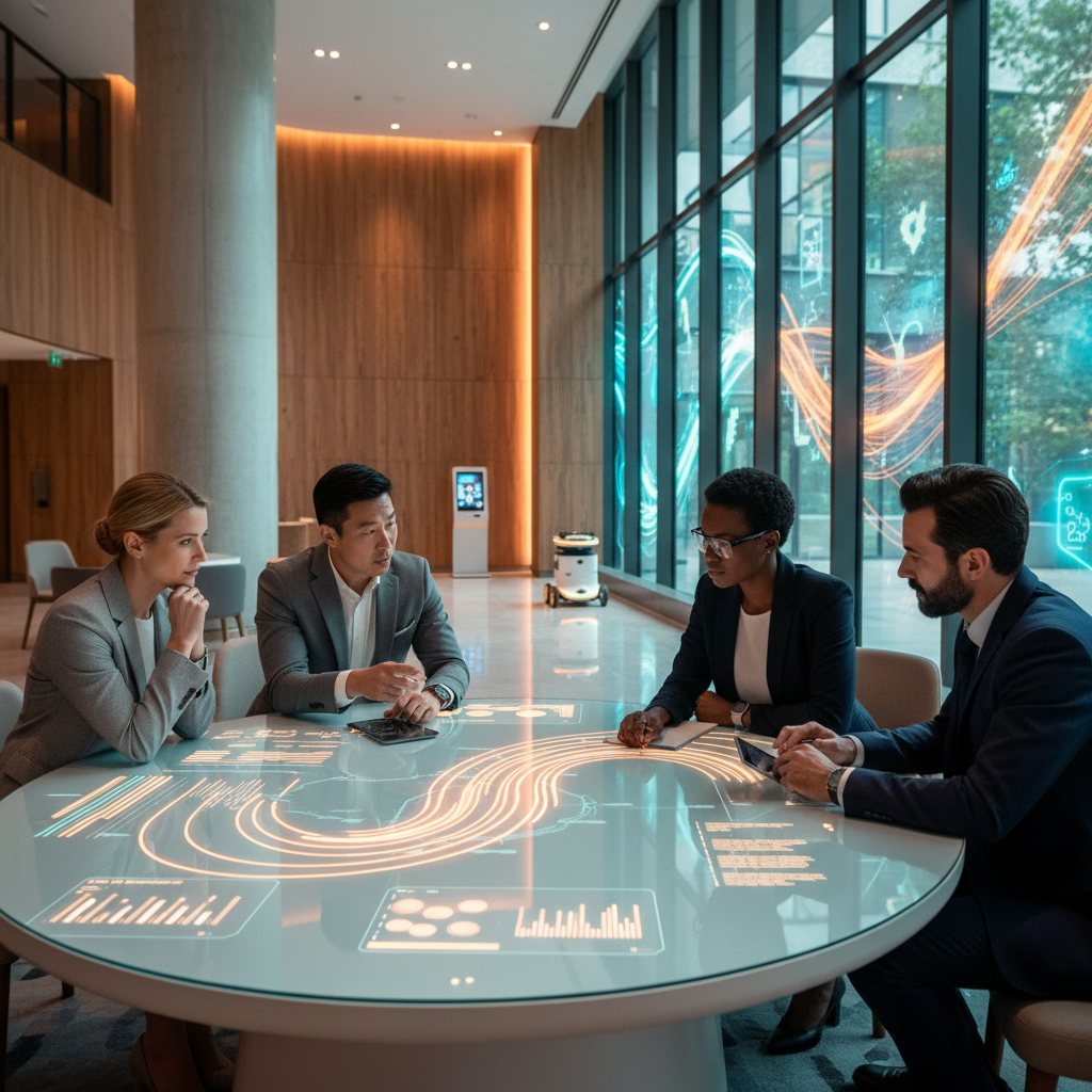 2026'da otel dijital dönüşümünü tartışan departman yöneticileri, lobi sohbetlerinde misafir deneyimini iyileştirme stratejilerini değerlendiriyor.