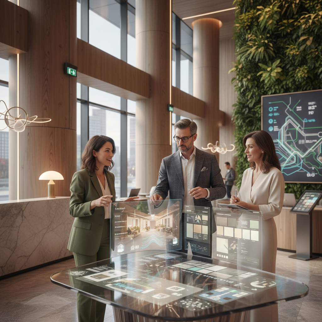 2026'nın otel tasarım trendlerini tartışan mimarlar ve iç mimarlar, lüks lobide sohbet ediyor, geleceğin konaklama deneyimlerini şekillendiriyor.