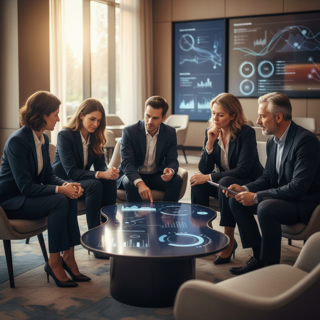 2026'da otel misafir ilişkileri yöneticileri, lobide halkla ilişkiler ve misafir deneyimi departmanlarının stratejilerini tartışıyor, misafir memnuniyetini artırma yollarını değerlendiriyor.