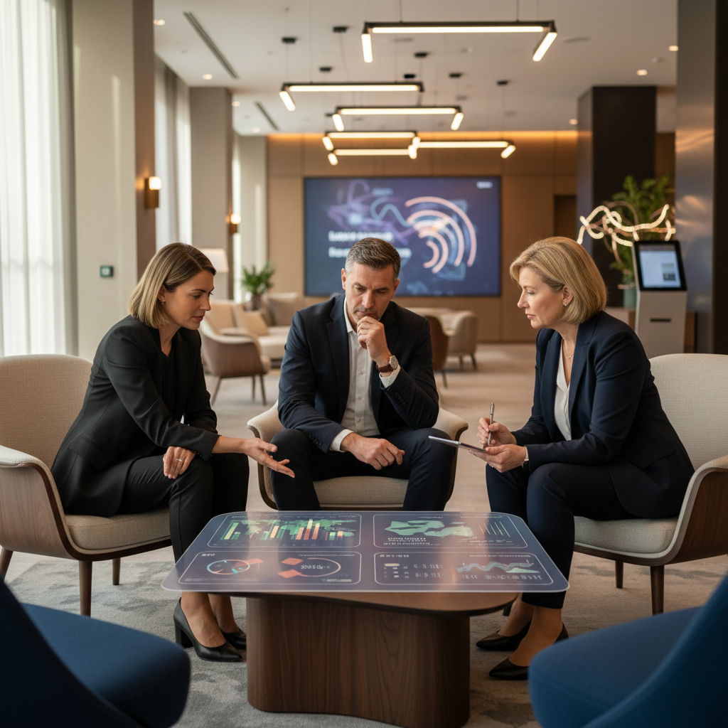 2026'da otel lobisinde phygital deneyimleri tartışan otel tasarımcıları ve pazarlama yöneticileri. Görsel, modern ve teknoloji entegrasyonlu bir otel lobisini yansıtıyor. Konsept geliştirme ve misafir deneyimi odaklı, phygital çözümler ele alınıyor.