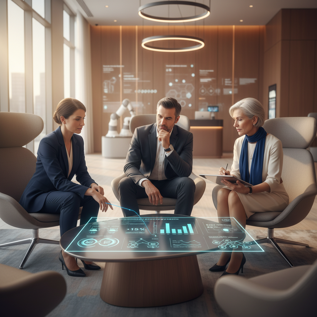 2026'da otel otomasyonu: Bir robot, lobide gülümseyen otel yöneticileriyle birlikte duruyor, verimlilik ve inovasyon tartışılırken, geleceğin otelciliğini temsil ediyor.