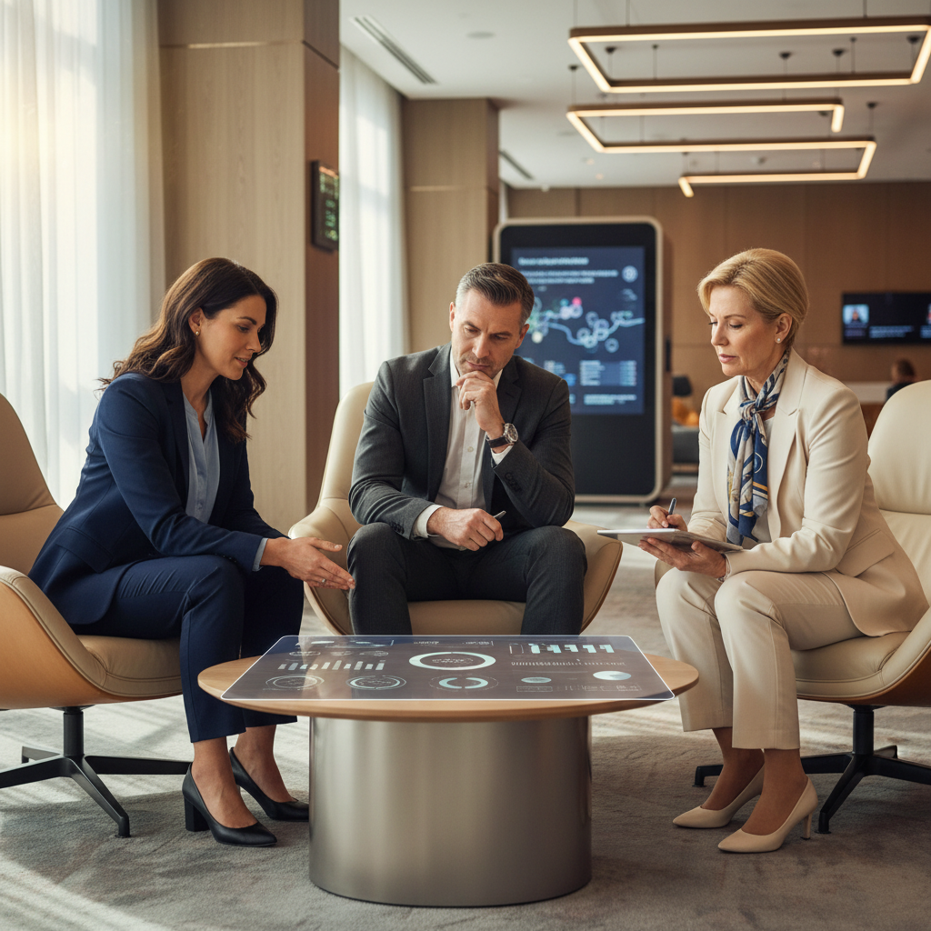 2026'da otel uzaktan çalışma trendleri, hibrit iş modelleri ve insan kaynakları yöneticilerinin 'Lobby Sohbetleri'nde otelcilik sektöründeki değerlendirmeleri, modern ofis ortamı.