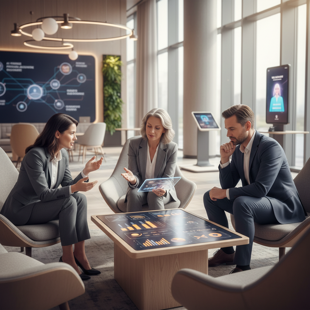 2026'da modern bir otel lobisinde, bir misafir yapay zeka destekli kişisel asistan tabletiyle etkileşim kuruyor. Tablet ekranında şık bir arayüz ve otel bilgileri görünüyor. Arka planda otel görevlisi gülümseyerek misafiri karşılıyor. Yapay zeka otel deneyimini dönüştürüyor.