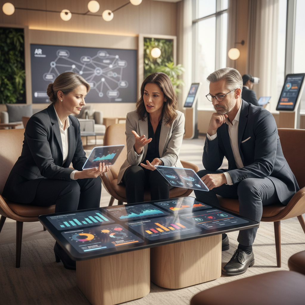 2026'da otel çalışanları için artırılmış gerçeklik destekli eğitim simülasyonu, bir resepsiyon görevlisinin interaktif bir sanal müşteri ile pratik yaptığını gösteriyor. İnsan kaynakları ve operasyon yöneticileri, 'Lobby Sohbetleri'nde bu yenilikçi eğitim metodunun etkinliğini değerlendiriyor. Teknoloji odaklı otel yönetimi ve personel gelişimini vurgulayan bir görsellik.