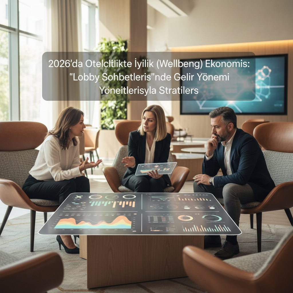 2026'da otelcilikte iyilik ekonomisini ve gelir yönetimi stratejilerini 'Lobby Sohbetleri'nde tartışan yöneticilerin görseli. Otel Wellbeing Ekonomisi.