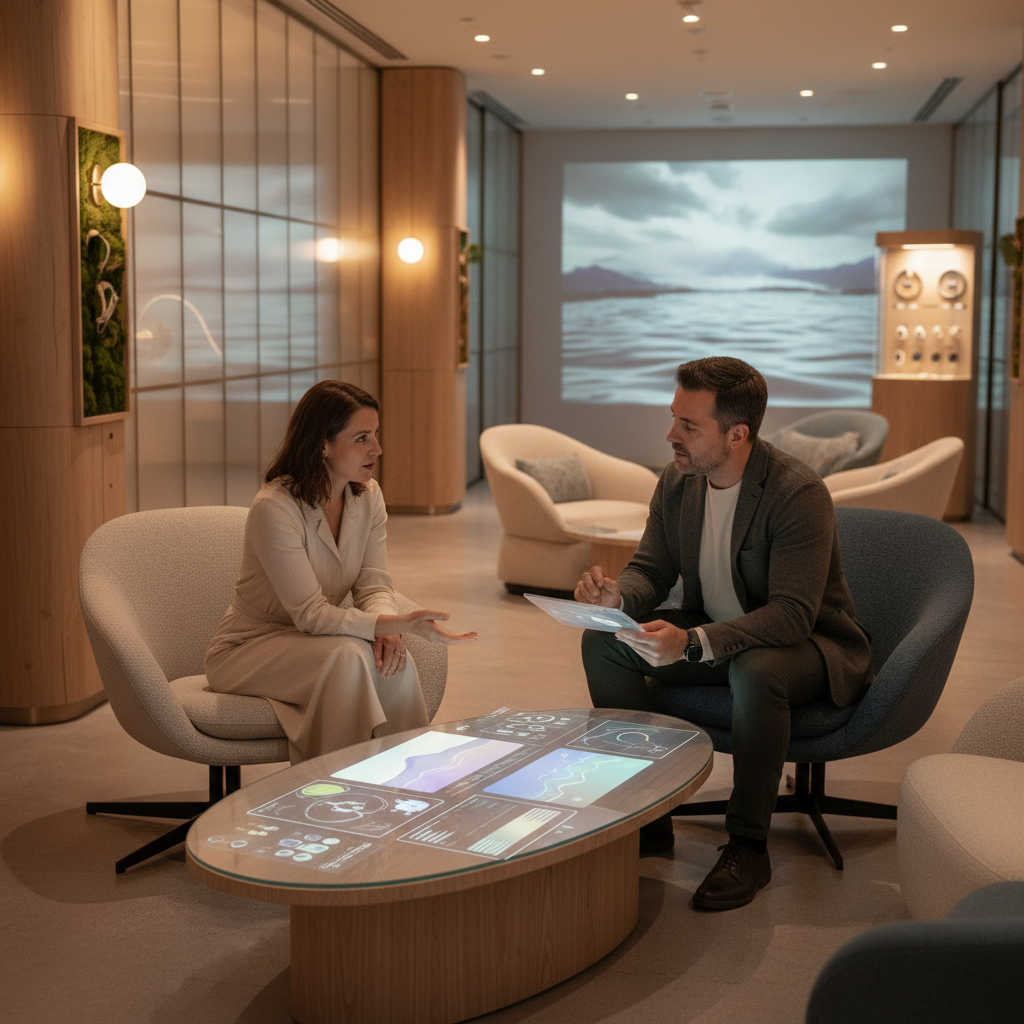 2026'da modern bir otel lobisinde sohbet eden insanlar. Odak anahtar kelime: otel uyku mimarisi. Görsel, misafirlerin gece uykusu deneyimini iyileştiren 'uyku mimarları' ve yeni nesil otel konseptlerini vurguluyor. Mekan rahatlatıcı bir atmosfere sahip, loş ışıklar ve lüks mobilyalarla donatılmış. Günümüz otelciliğinde uyku kalitesinin önemini yansıtan bir sahne.