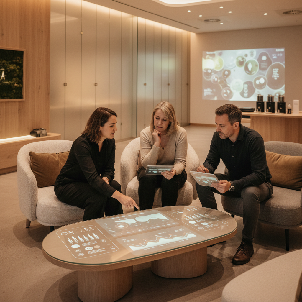 2026 otel lobisinde sohbet eden iki kişi, yenilikçi otel koku tasarımı ve kişiselleştirilmiş odoroloji stratejileriyle zenginleştirilmiş misafir deneyimini tartışıyor.