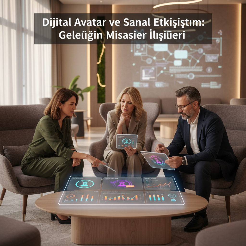 2026'da otelcilikte dijital avatar ve sanal etkileşim, 'Lobby Sohbetleri' etkinliğinde pazarlama ve dijital deneyim yöneticilerinin gelecekteki misafir ilişkilerini tartışmasını gösteren görsel. Odak anahtar kelime: otel dijital avatar.